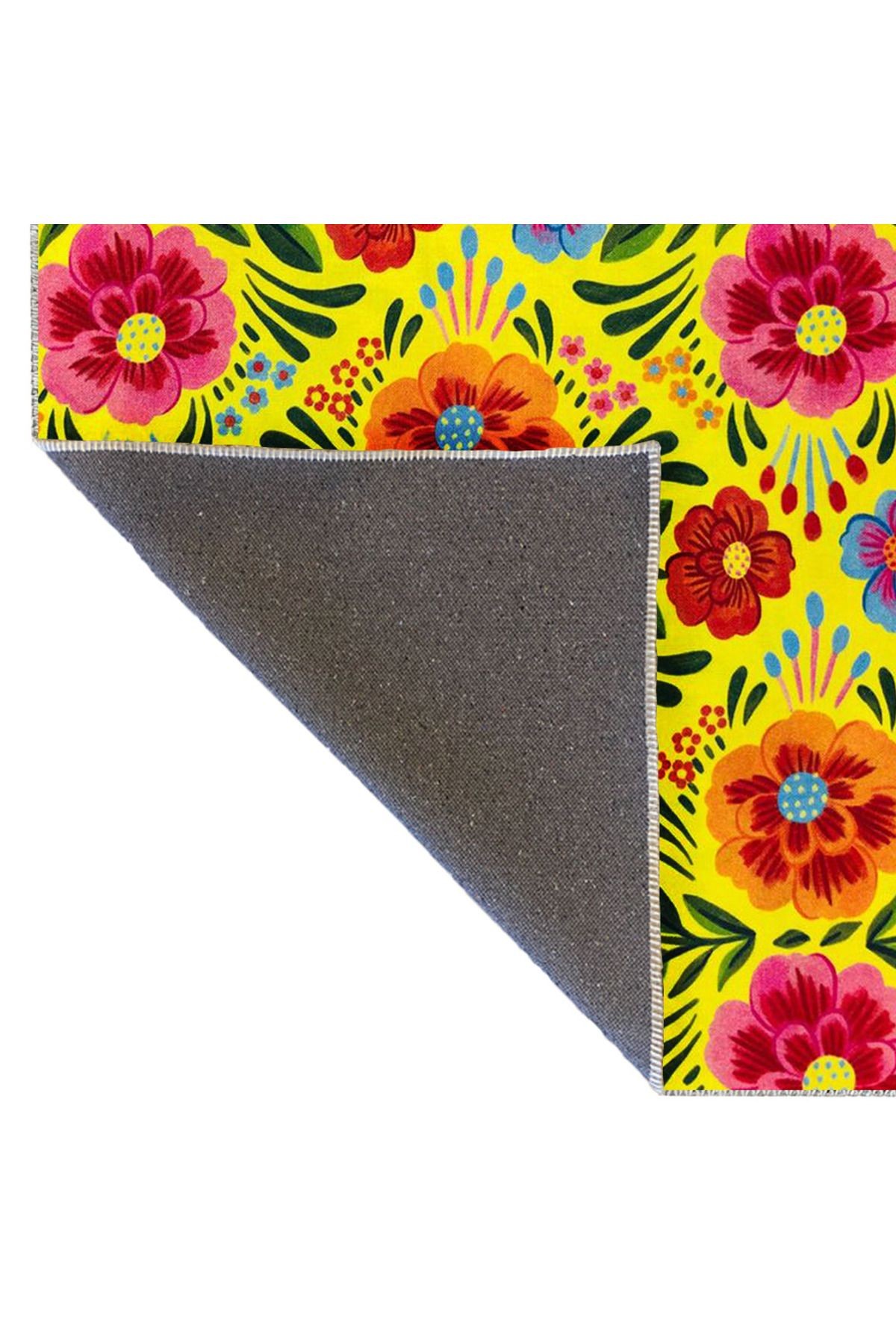 Kemal Koleksiyonu Sarı Temalı Floral Çiçek Figürleri Desenli Dokuma Taban Modern Dekoratif Halı 21