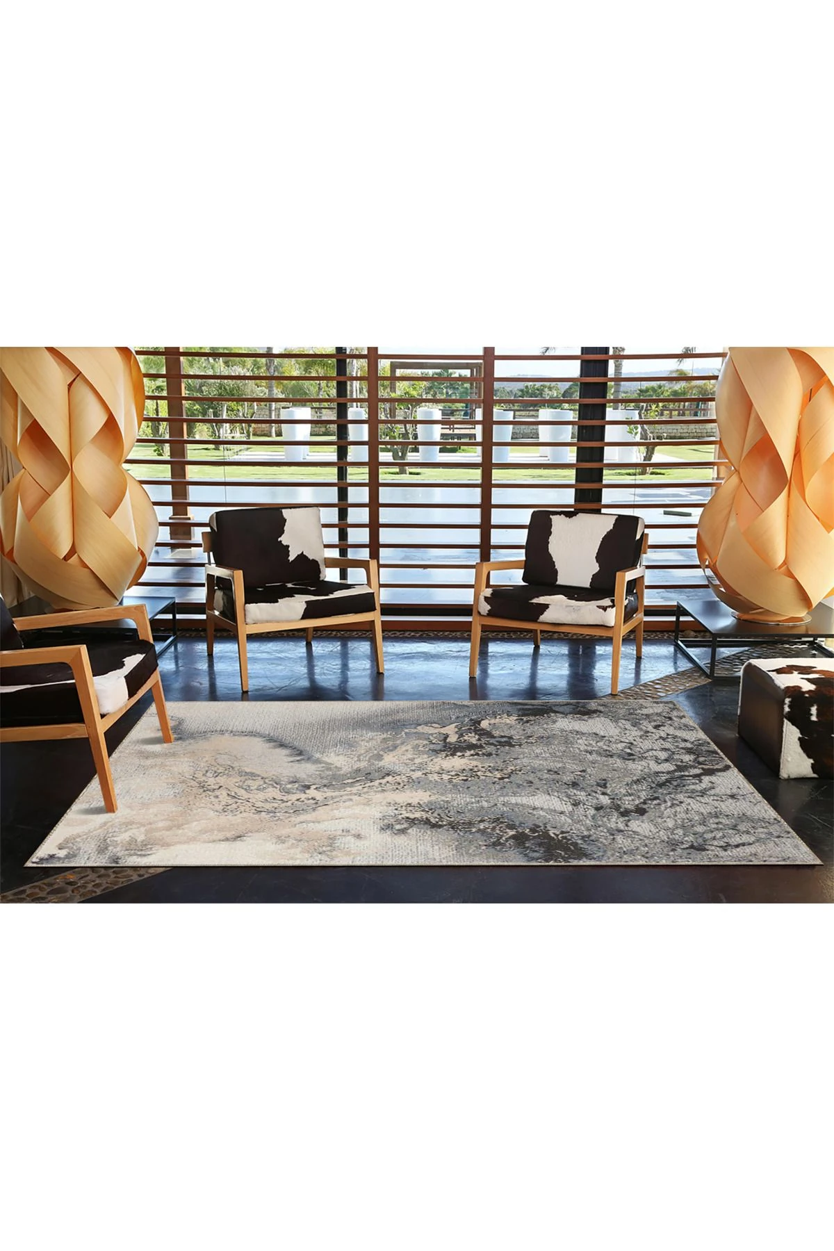 Bej Gri Temalı Soyut Boya Sıçratma Desenli Kreatif Modern Dekoratif Halı 4566