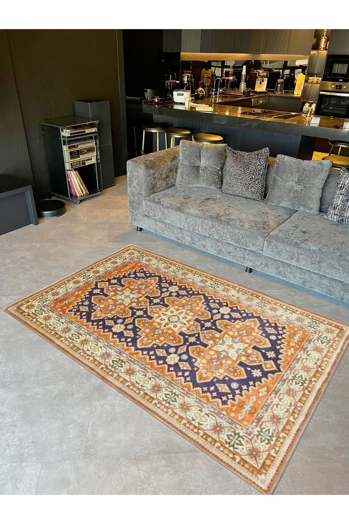 İnci Koleksiyonu Lacivert Bej Tema Geleneksel Desenli Dokuma Taban Vintage Dekoratif Halı inci19