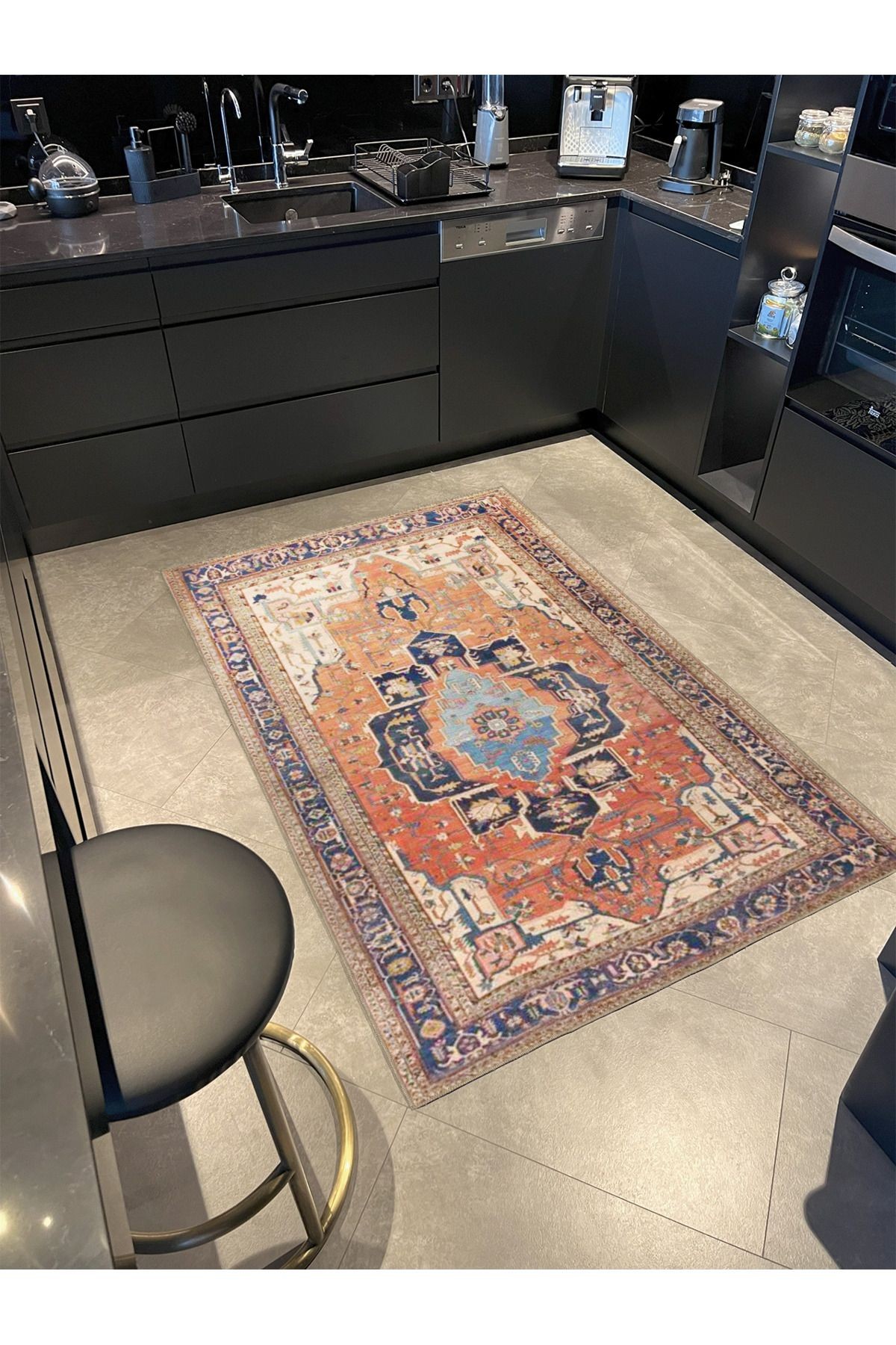 Turuncu Lacivert Temalı Geleneksel Motif Desenli Vintage Dekoratif Halı 3831