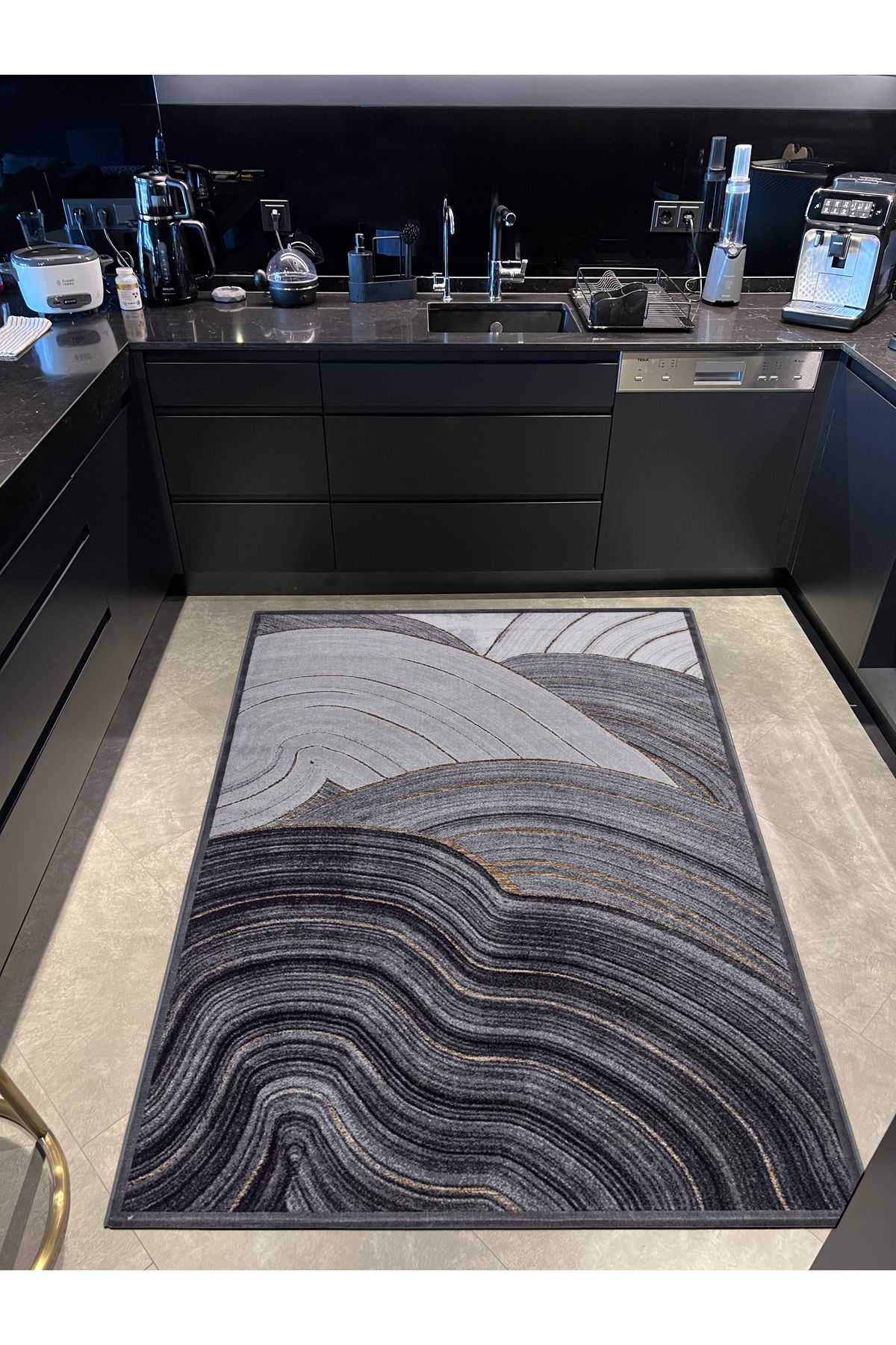 Gri Siyah Mermer Desen Dokuma Taban Dekoratif Halı Mira 1468