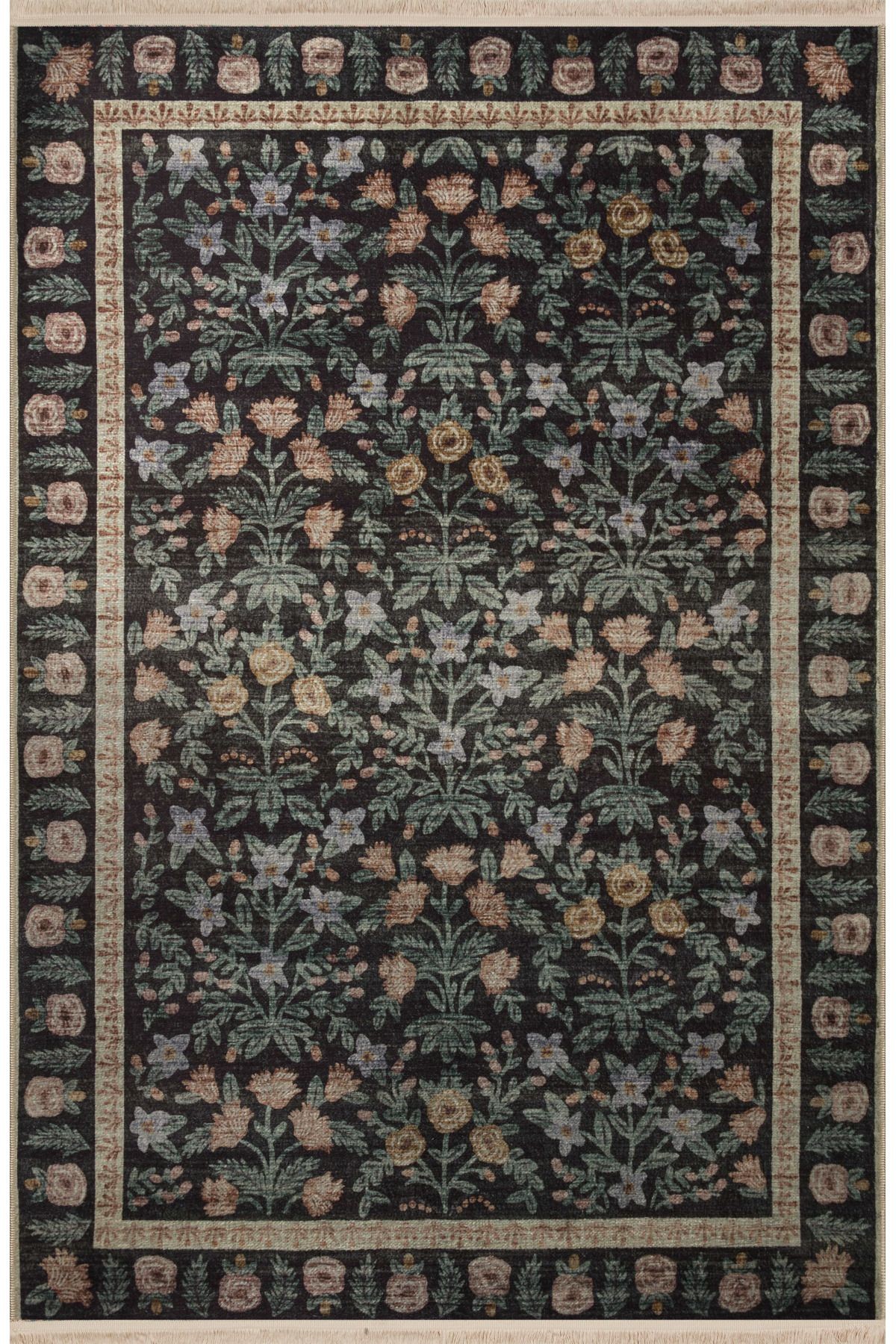 Siyah Temalı Çok Renkli Karma Çiçek Gül Desenli Kreatif Vintage Dekoratif Halı 2955
