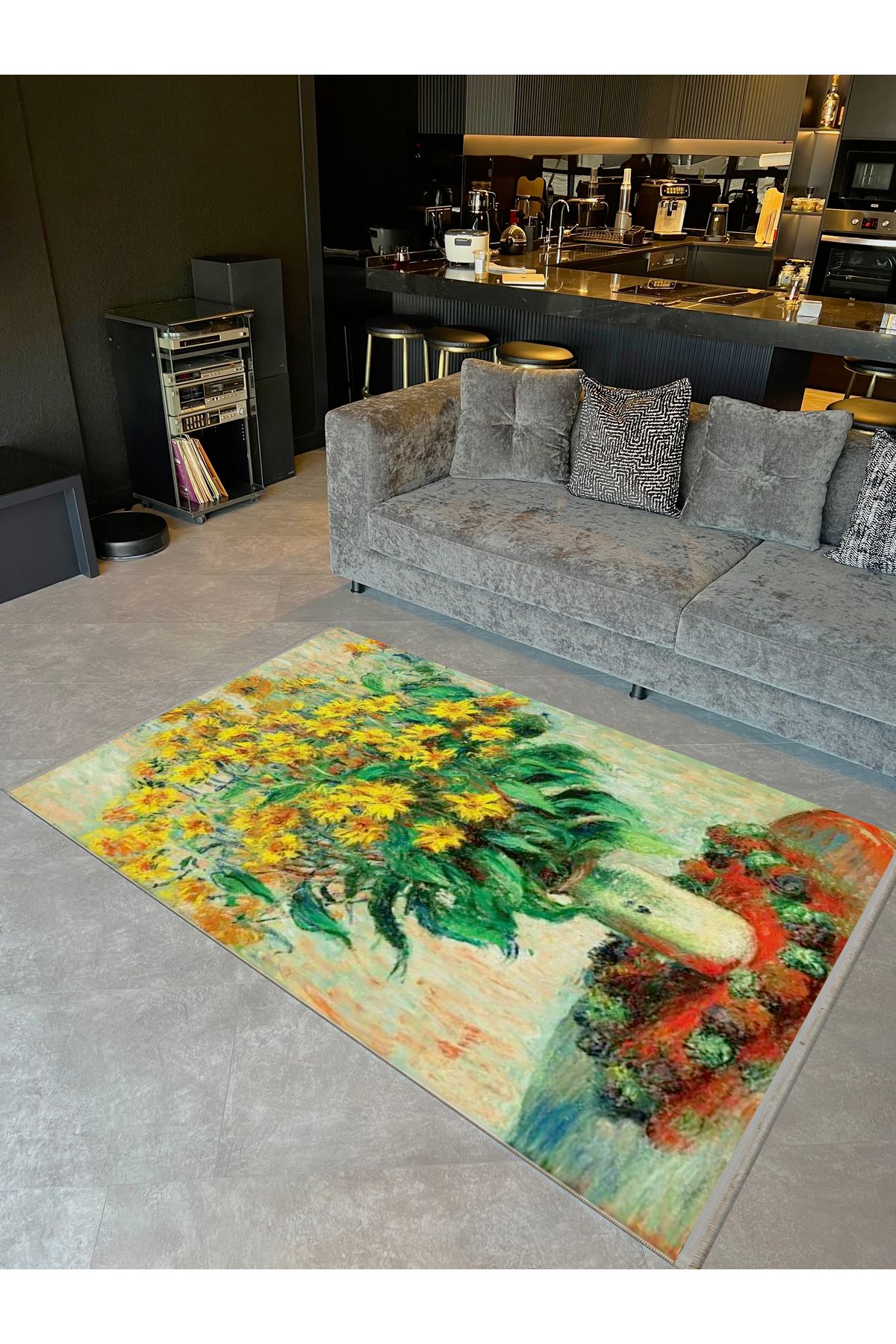 Yılmaz Koleksiyonu Sarı Temalı Öküzgözü Çiçeği ve Yapraklar Desenli Kreatif Modern Dekoratif Halı 02