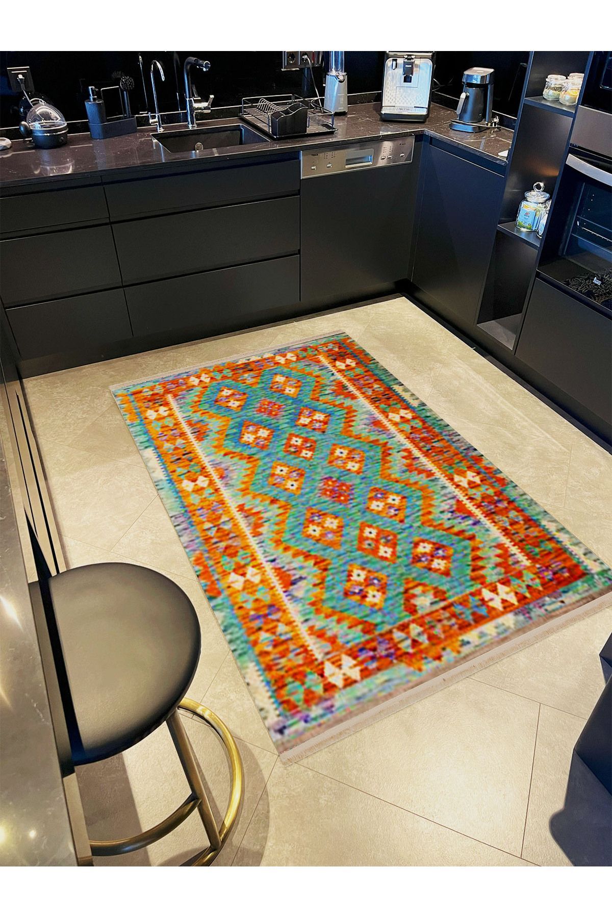 İnci Koleksiyonu Mavi Tema Etnik Geleneksel Desenli Dokuma Taban Vintage Dekoratif Halı inci43