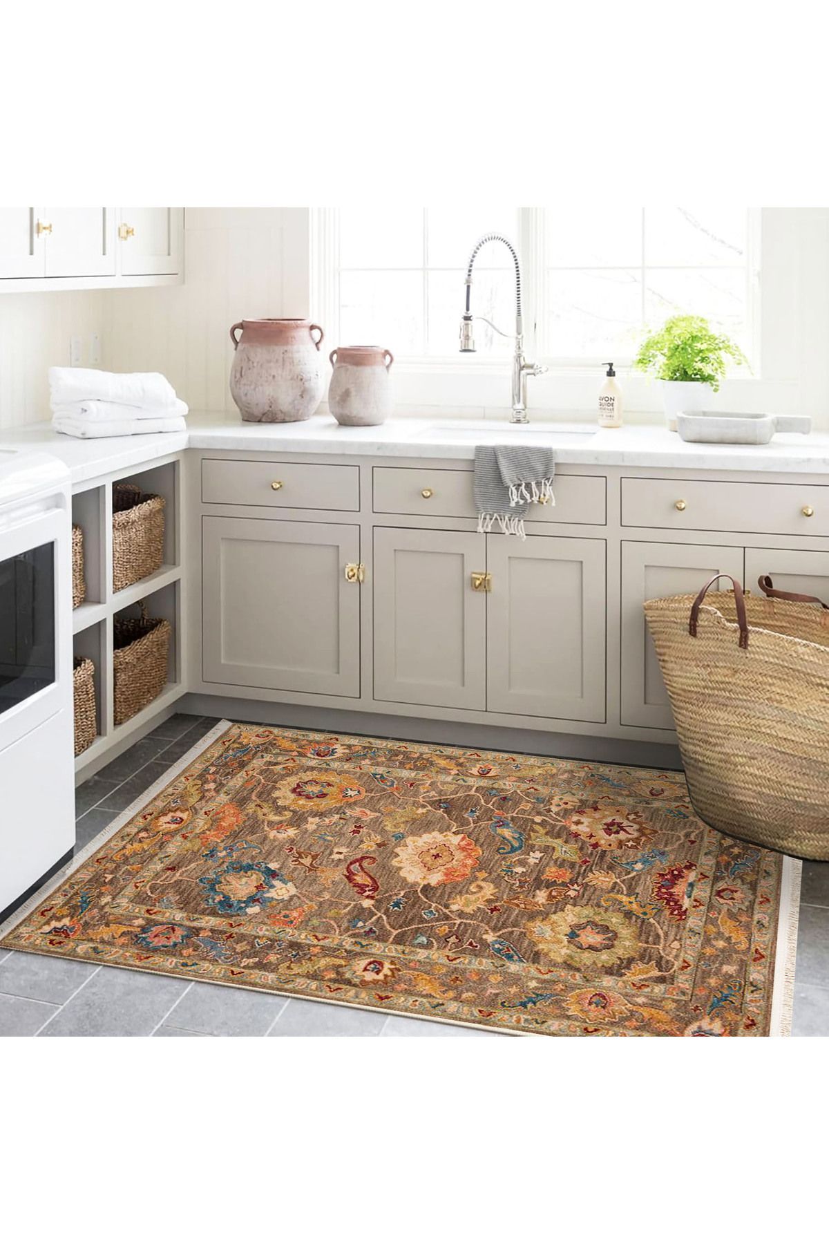 İnci Koleksiyonu Turuncu Kahve Bej Etnik Desenli Dokuma Taban Modern Dekoratif Halı inci49