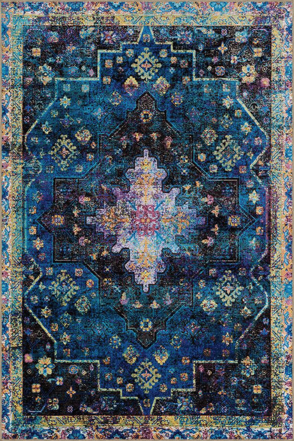 Lacivert Temalı Geleneksel Motif Desenli Etnik Vintage Dekoratif Halı 4869