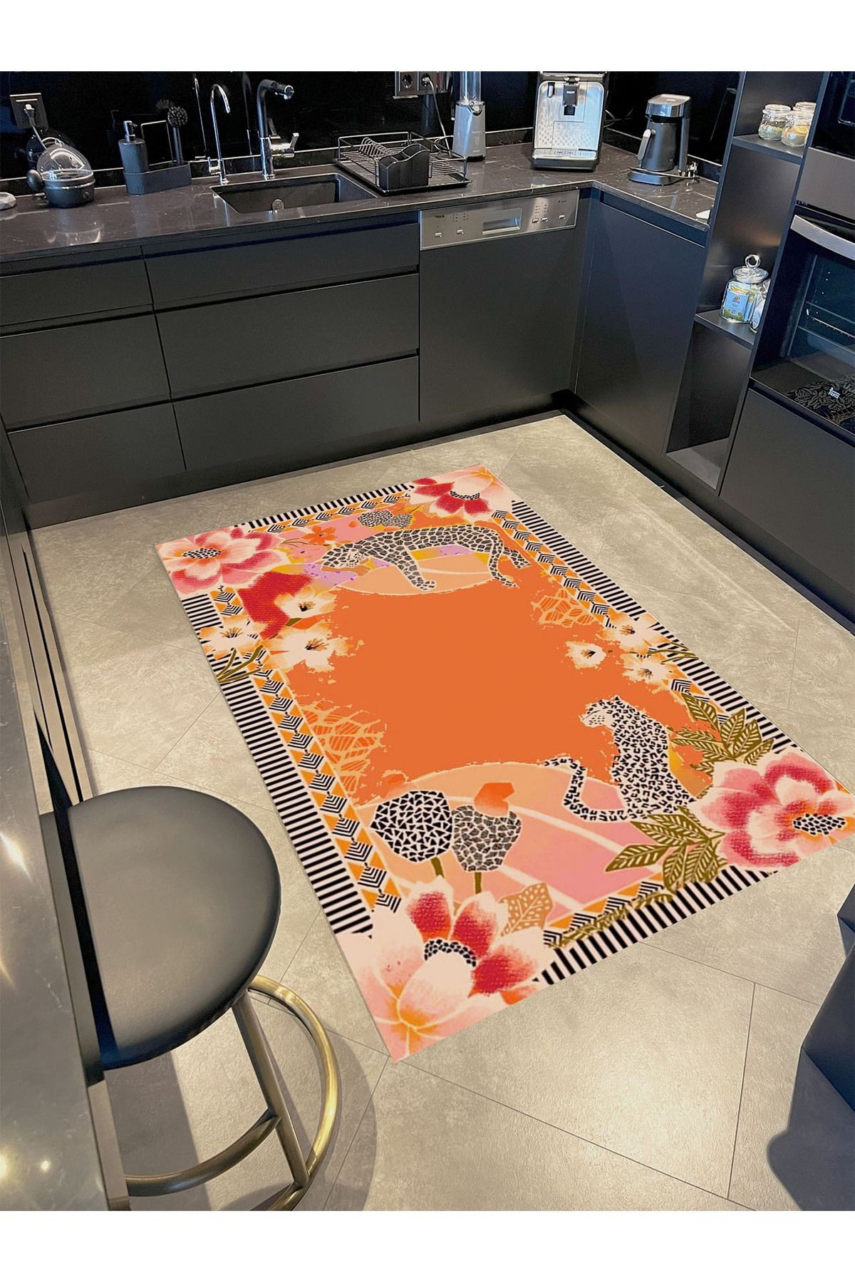 Güneş Koleksiyonu Turuncu Temalı Çiçek ve Kaplan Desenli Dokuma Taban Modern Dekoratif Halı güneş12