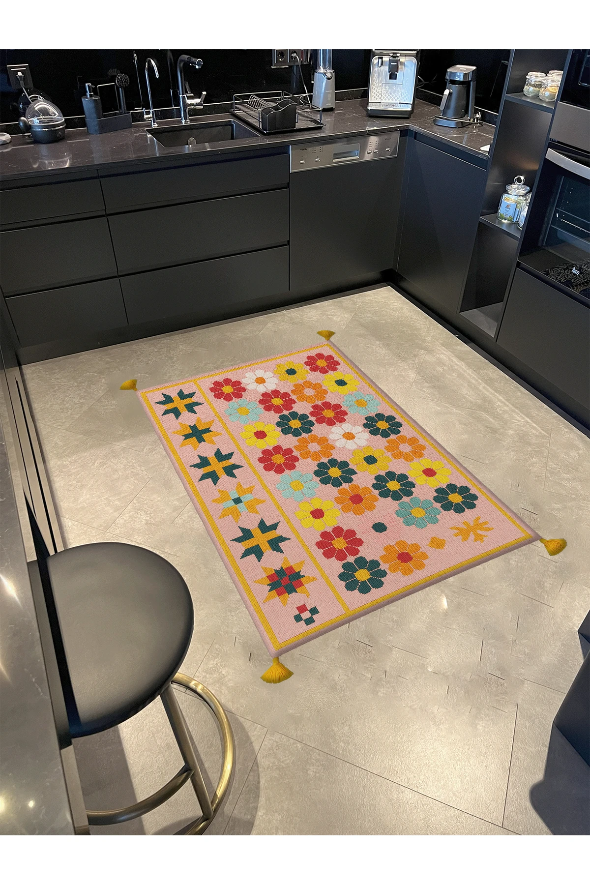 MOSSO Çiçekli Çok Renkli Desen Püsküllü Modern Dekoratif Halı mosso472