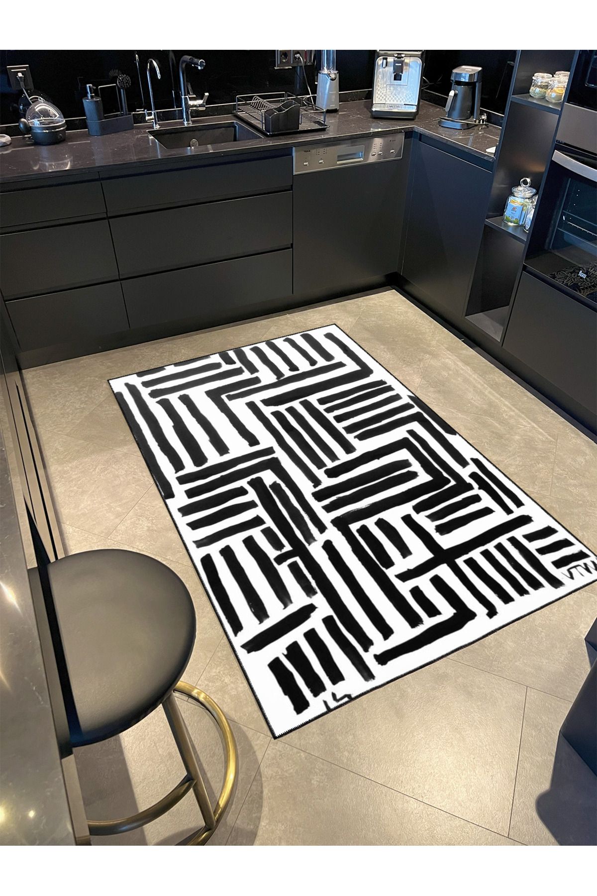 Siyah Beyaz Kalın Çizgili Temalı Dekoratif Halı ve Yıkanabilir Halı miravip9751
