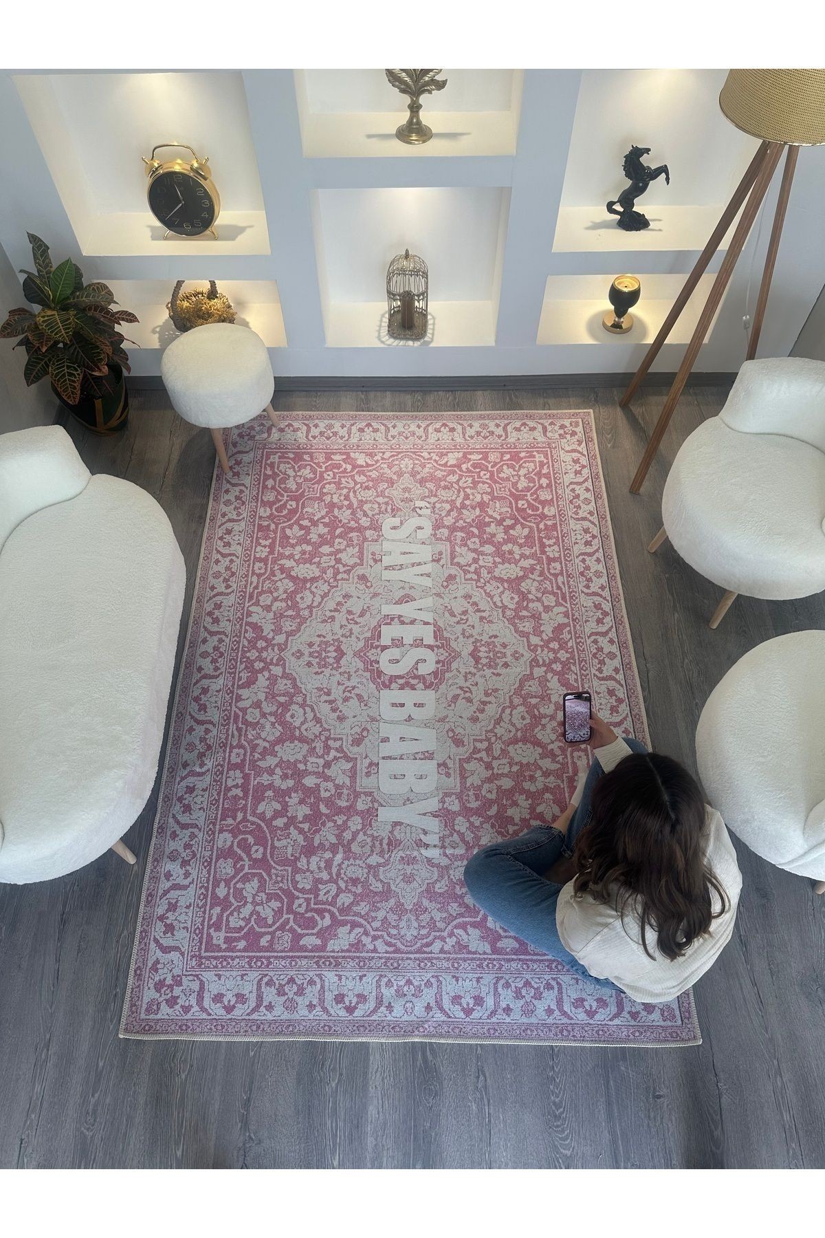 Opal Pembe Temalı Yazı Detaylı Desenli Dokuma Taban Modern Dekoratif Halı opal02