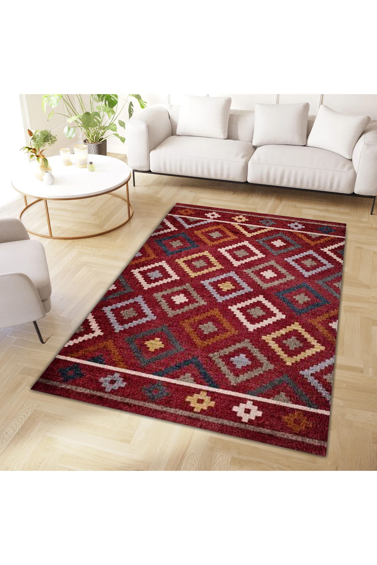 Kuzey Koleksiyonu Koyu Tonlarda Etnik Desenli Dokuma Taban Dekoratif Halı kuzey16