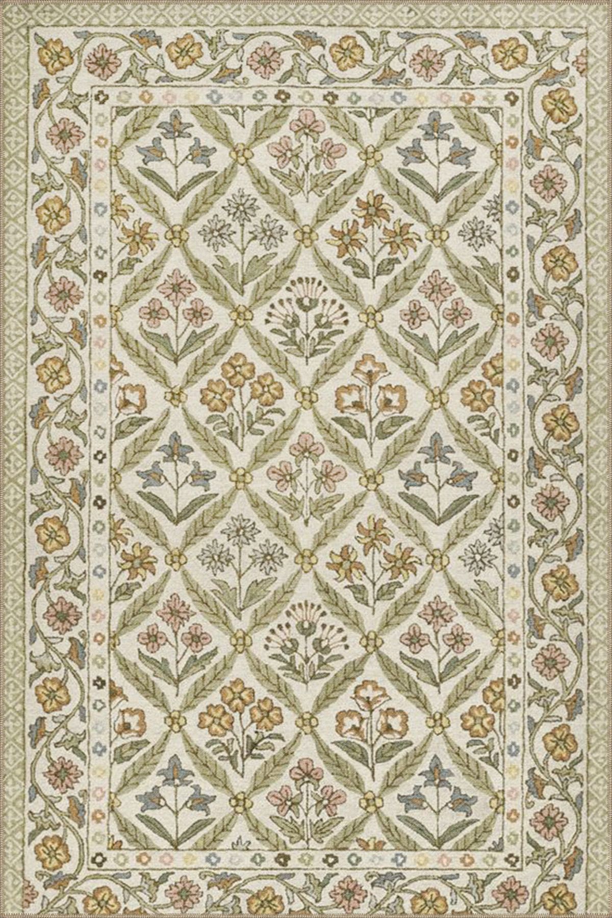 Krem Baklava İçinde Buket Çiçekli Temalı Dekoratif Yıkanabilir Halı miravip9032