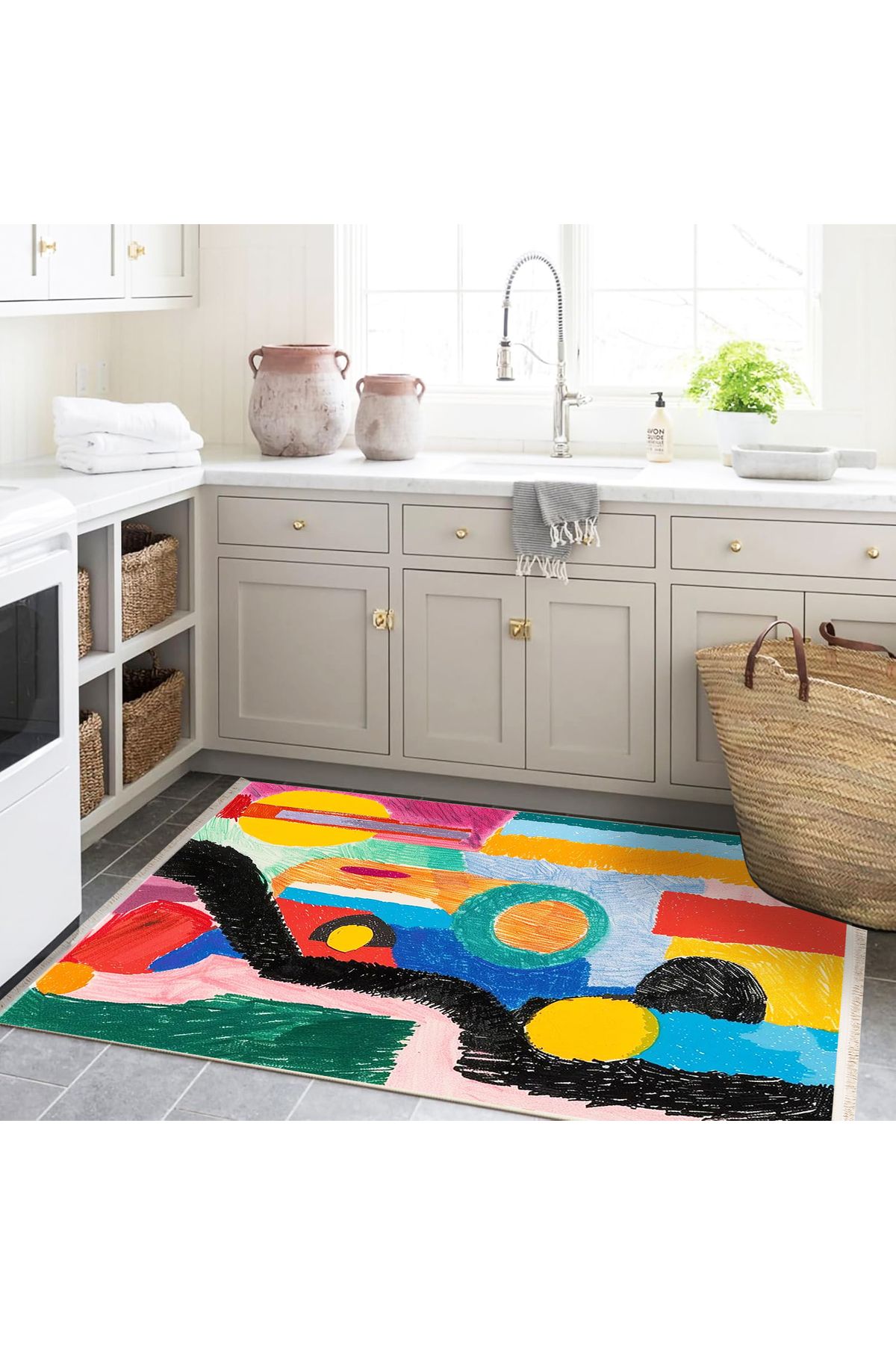 Özge Koleksiyonu Çok Renkli Boyama Görünümlü Dokuma Taban Modern Dekoratif Halı özge43