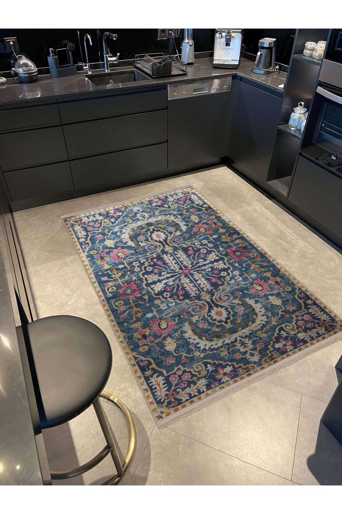 Lacivert Temalı Geleneksel Motif Etnik Çiçek Desenli Kreatif Vintage Dekoratif Halı 2880