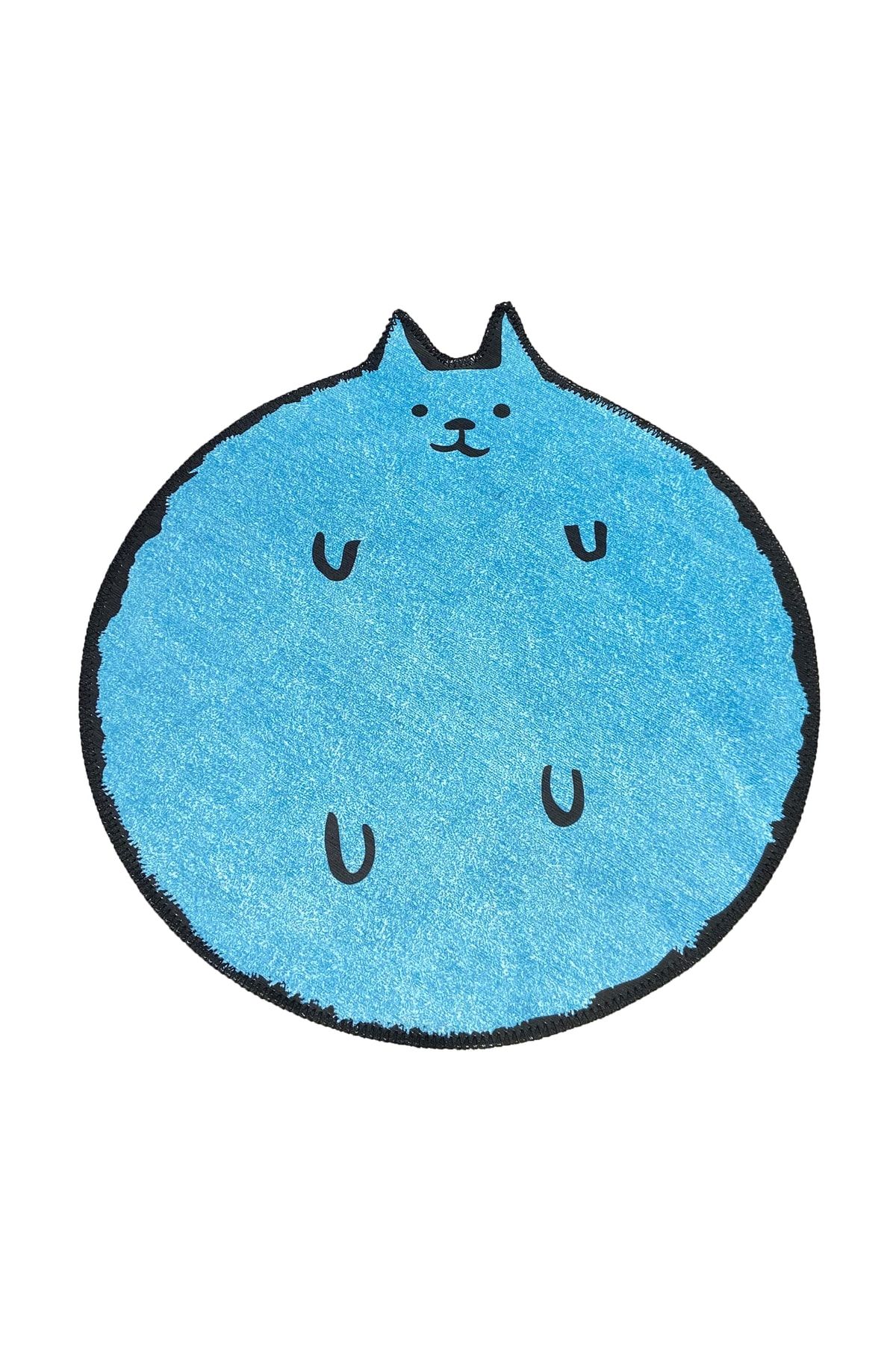 Mira 838 Mavi Kedi Desenli Dekoratif Yıkanabilir Yuvarlak Halı