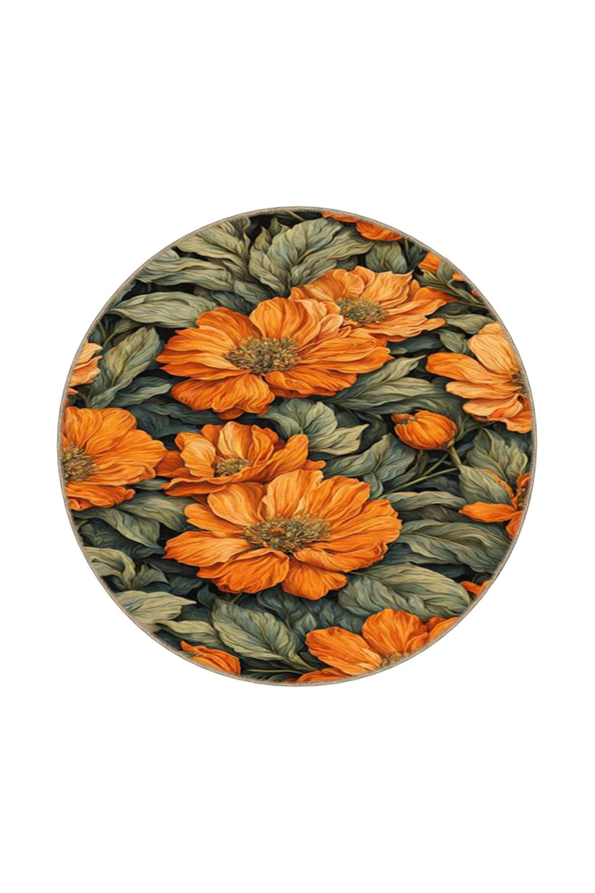 Floral Turuncu Desenli Yıkanabilir Halı miravip8218