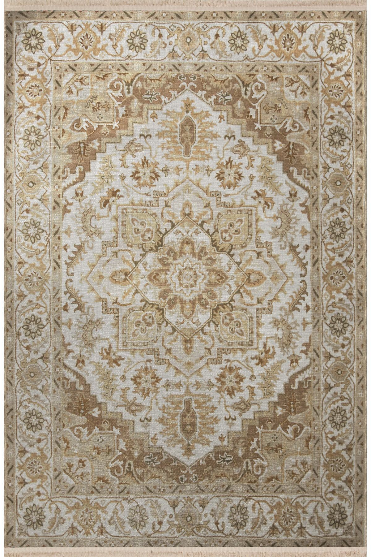 Bej Temalı Geleneksel Motif Desenli Kreatif Vintage Dekoratif Halı 2877