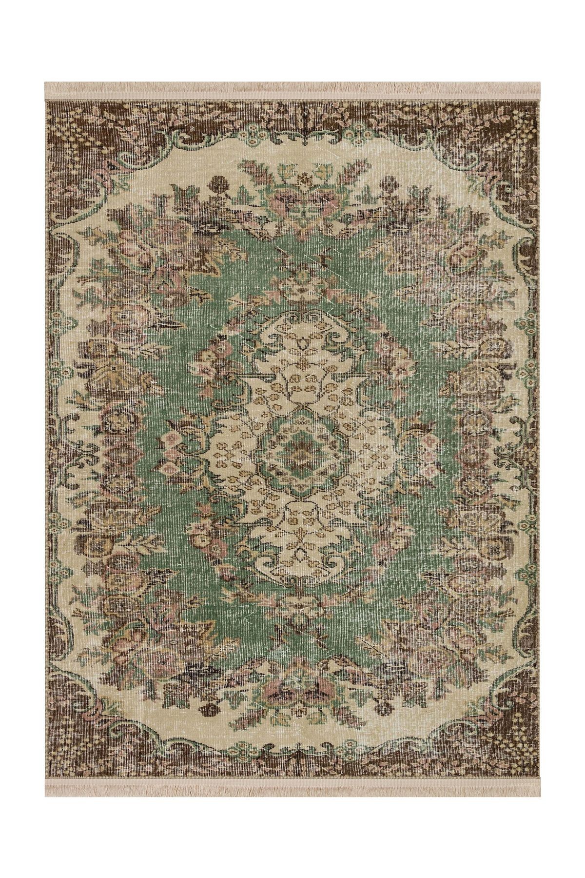 Memlük Koleksiyonu Yeşil Kahve Ton Etnik Desenli Dokuma Taban Vintage Dekoratif Halı memlük01