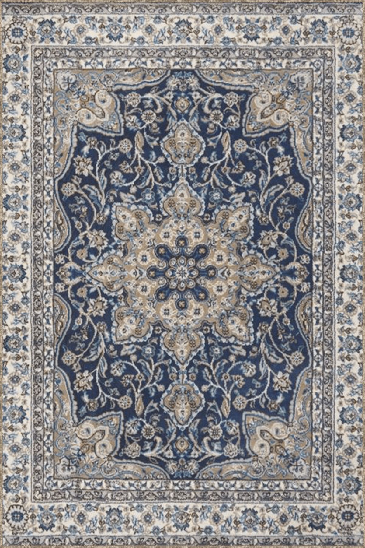 Gri Lacivert Temalı Geleneksel Motif Çiçek Desenli Vintage Dekoratif Halı 4551