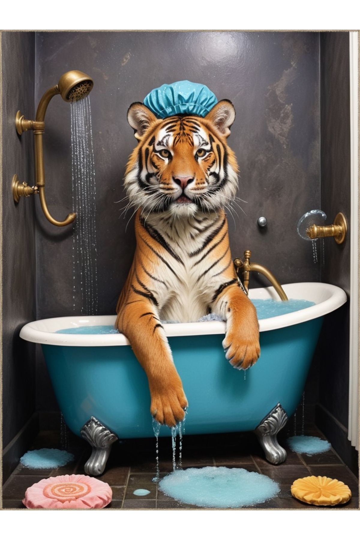 Semih Koleksiyonu Küvette Banyo Yapan Kaplan Desenli Dokuma Taban Kreatif Modern Dekoratif Halı 20