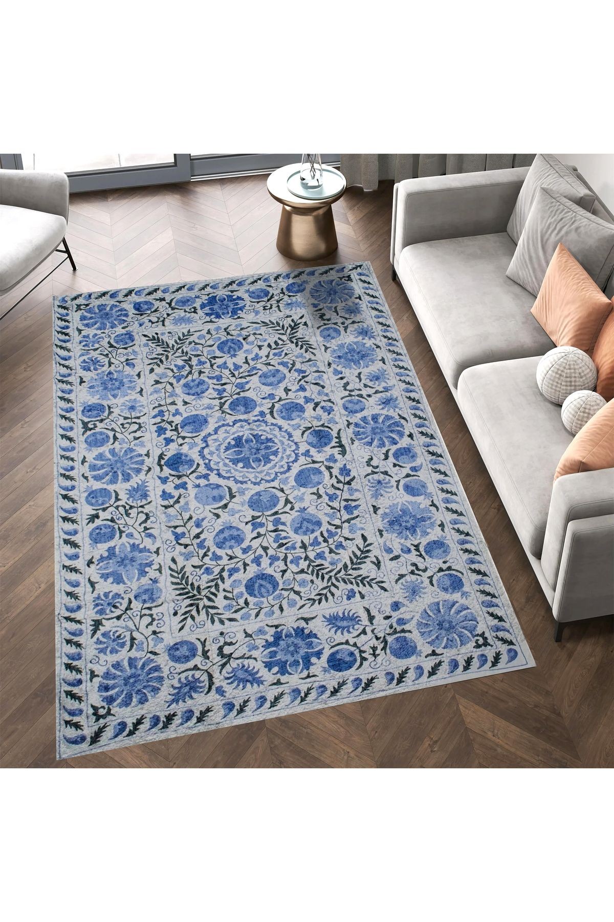 Asena Koleksiyonu Mavi Blue Blanc Temalı Motifli ve Çiçek Desenli Vintage Dekoratif Halı 16