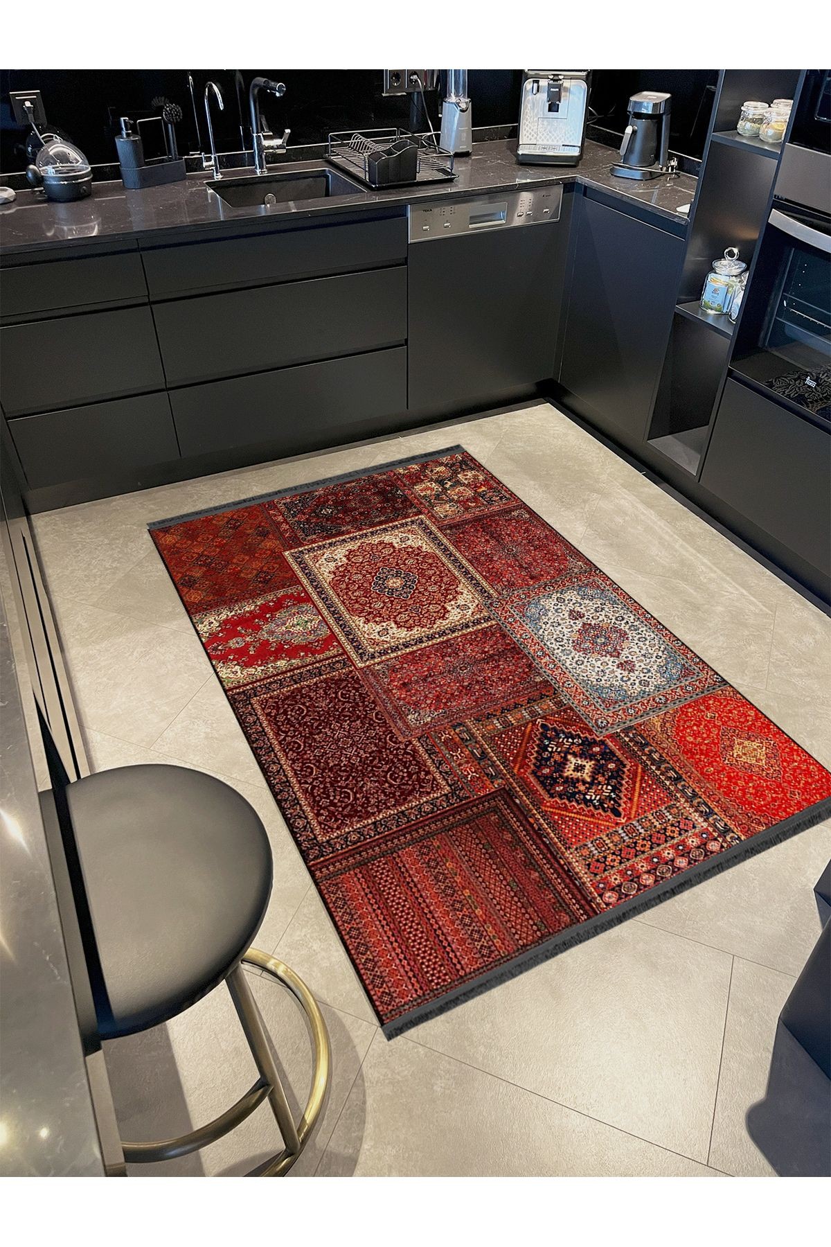 Kuvars Koleksiyonu Kırmızı Vintage Motifler Desenli Dokuma Taban Etnik Dekoratif Halı Kuvars23