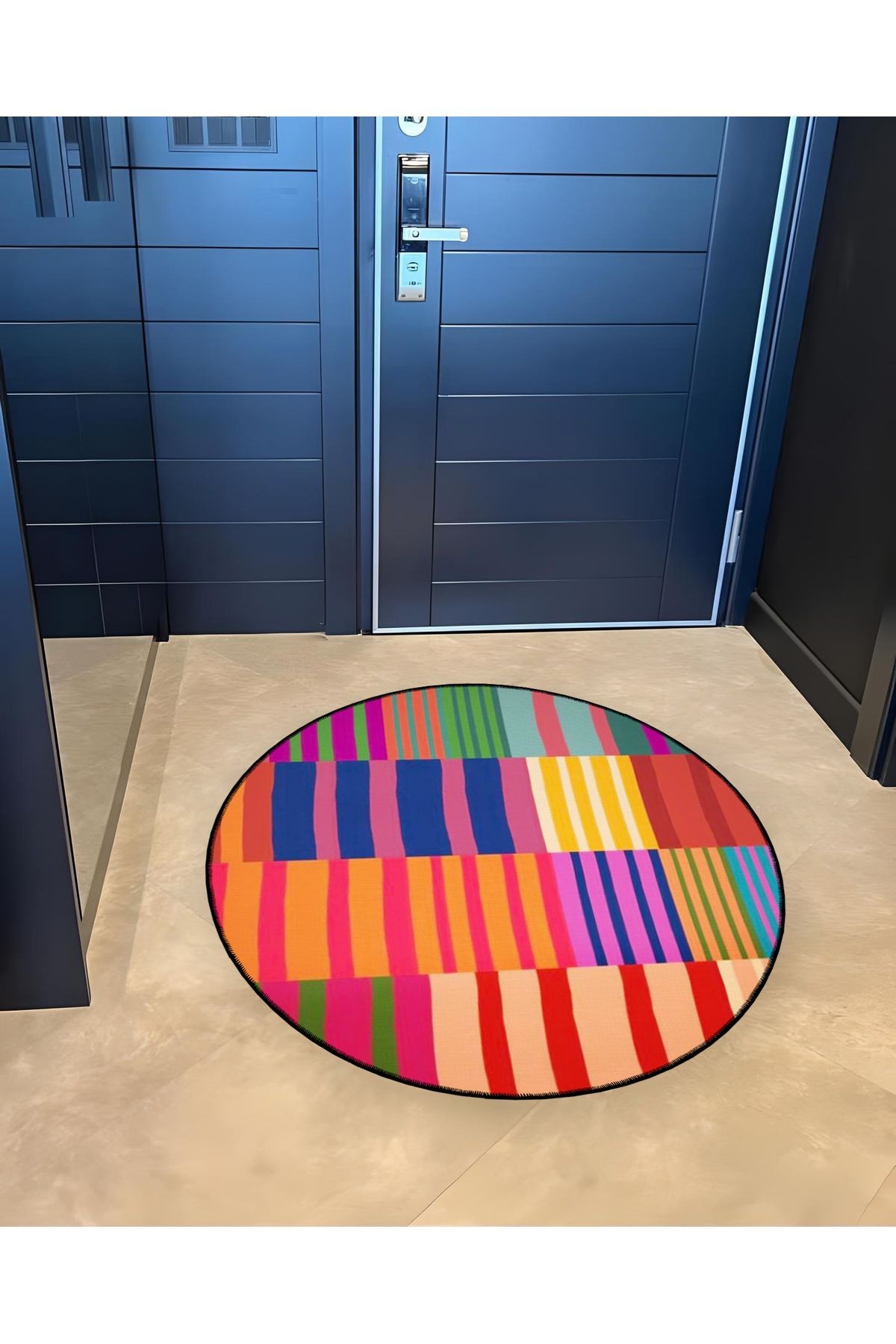 Çok Renkli Çizgili Geometrik Desenli Yuvarlak Dokuma Taban Modern Dekoratif Halı 6103