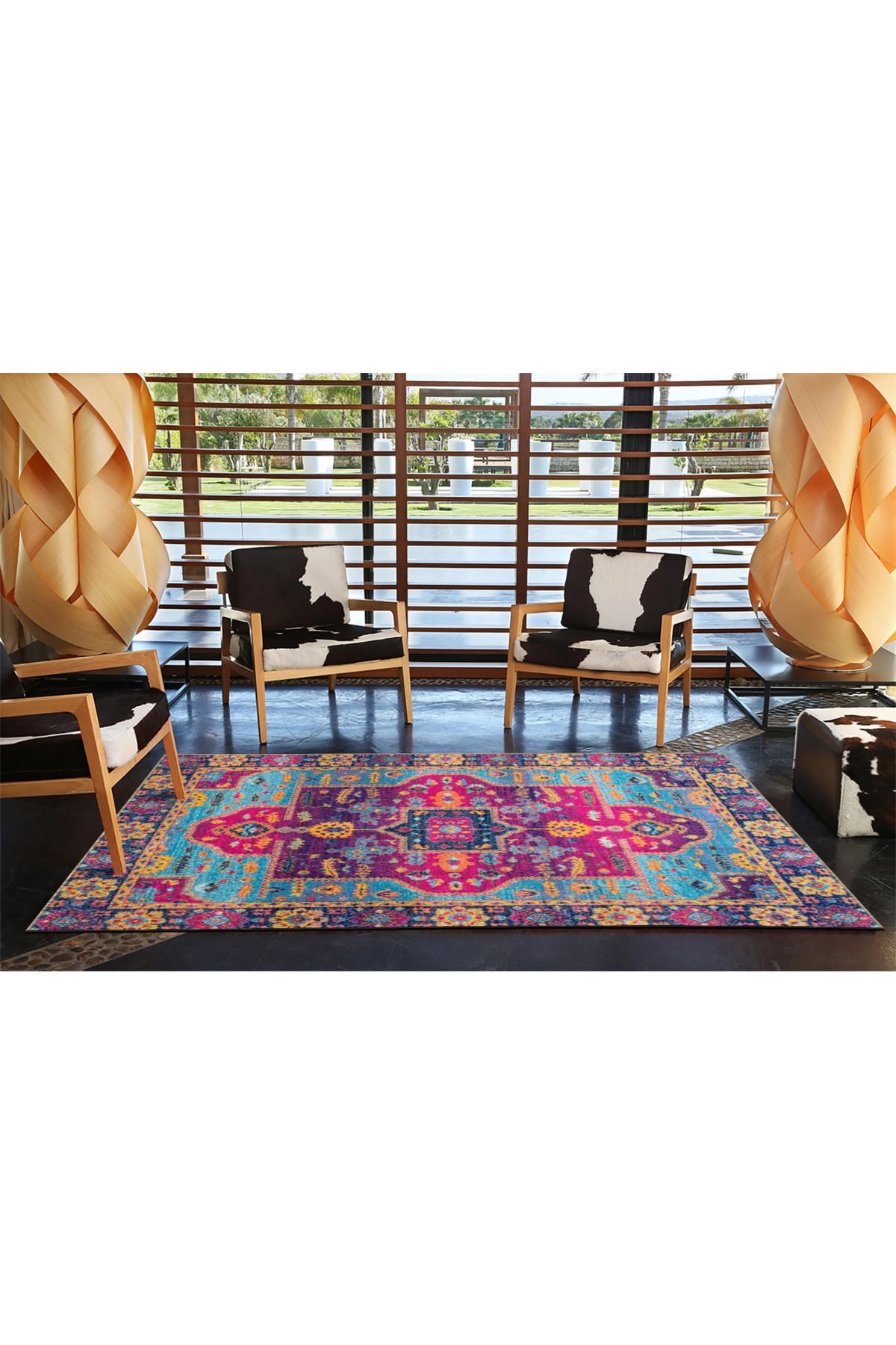 Mavi Pembe Temalı Geleneksel Motif Desenli Vintage Dekoratif Halı 3851