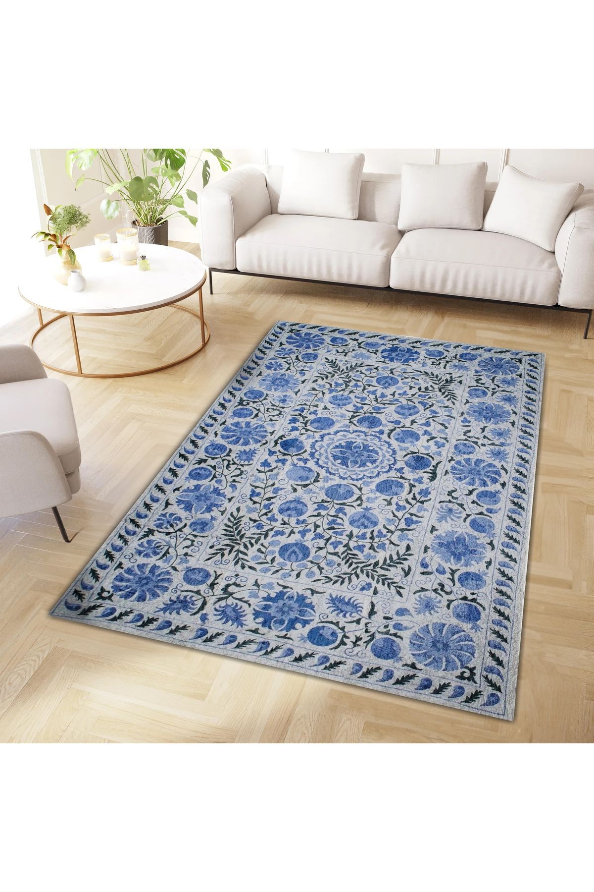 Asena Koleksiyonu Mavi Blue Blanc Temalı Motifli ve Çiçek Desenli Vintage Dekoratif Halı 16