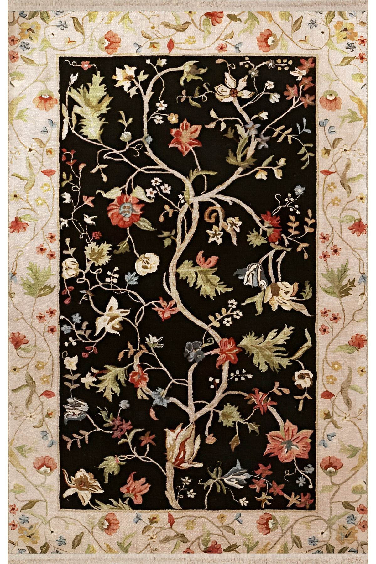 Siyah Temalı Çok Renkli Sarmaşık Çiçek Desenli Modern Dekoratif Halı 1900
