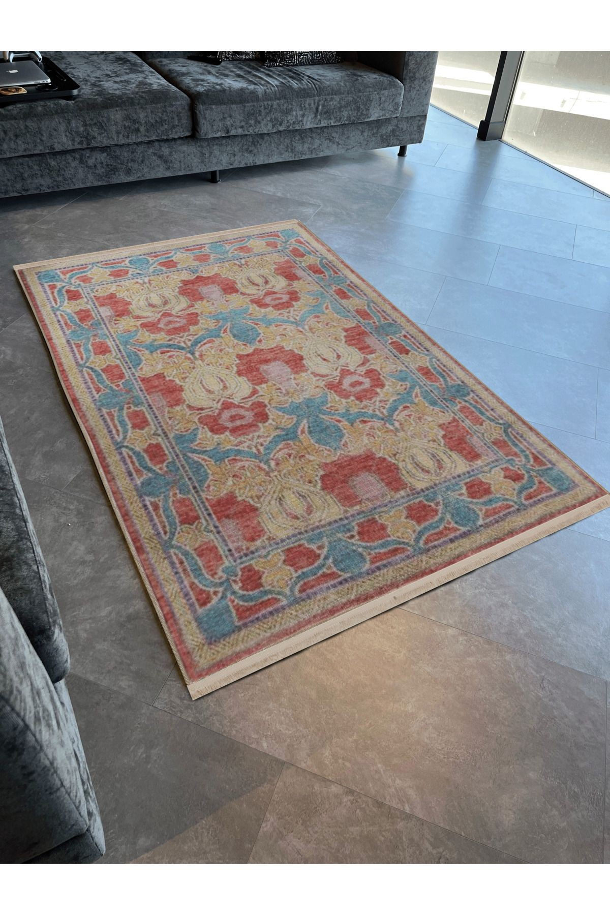 Bej Mavi Temalı Motifli Etnik Çiçek Desenli Saçaklı Vintage Dekoratif Halı 3183