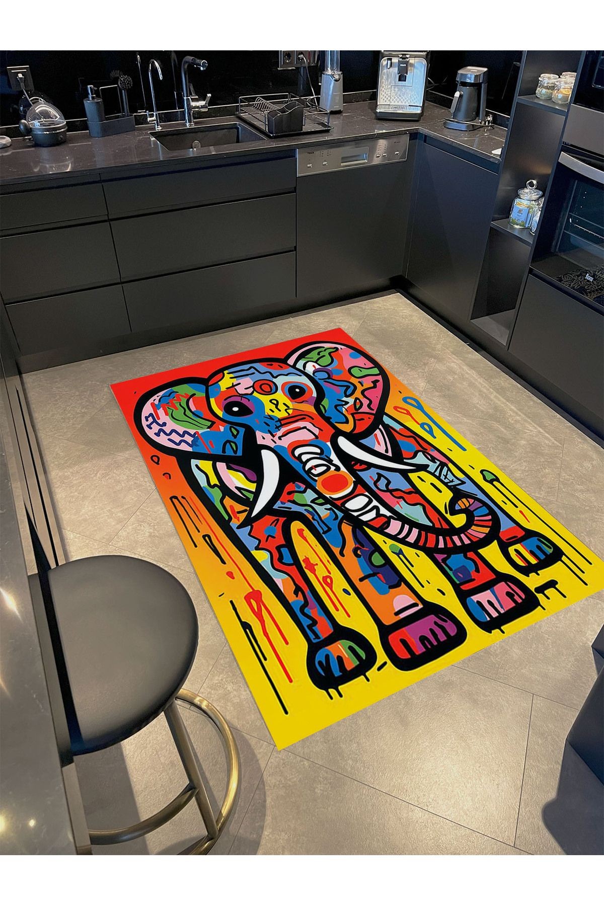 Güneş Koleksiyonu Çok Renkli Grafiti Görünümlü Fil Detaylı Dokuma Taban Dekoratif Halı güneş21