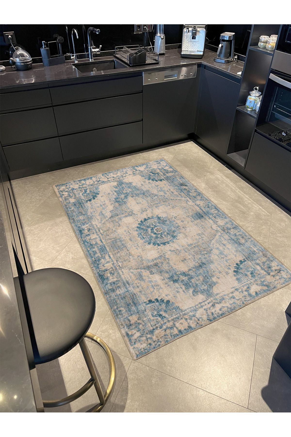 Krem Yeşil Geometrik Desenli Dokuma Taban Halı miravip340