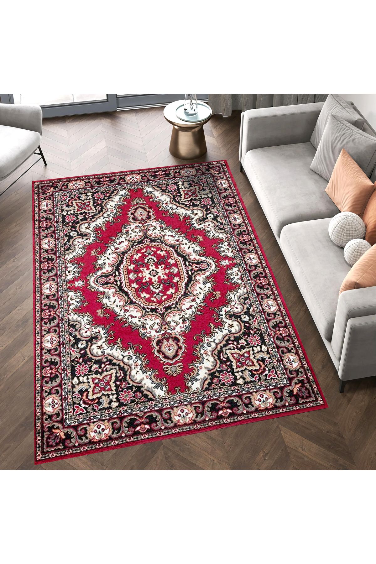 Kuzey Koleksiyonu Kırmızı Siyah Beyaz Etnik Desenli Dokuma Taban Dekoratif Halı kuzey08