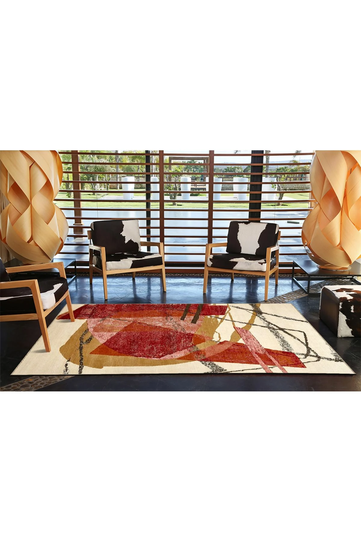 Kırmızı Temalı Karma Soyut Desenli Saçaklı Modern Dekoratif Halı 4520