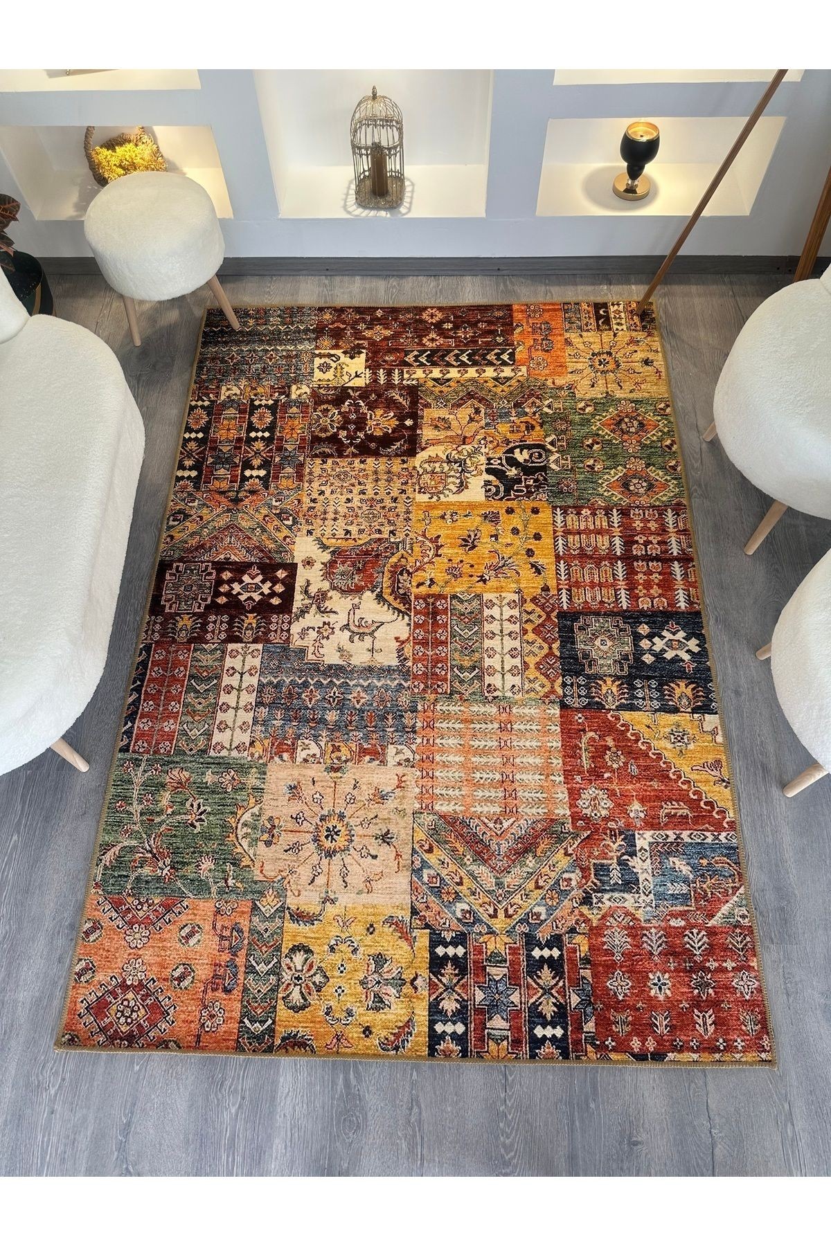 Cansu Koleksiyonu Patchwork Görünümlü Çok Renkli Dokuma Taban Modern Dekoratif Halı cansu07