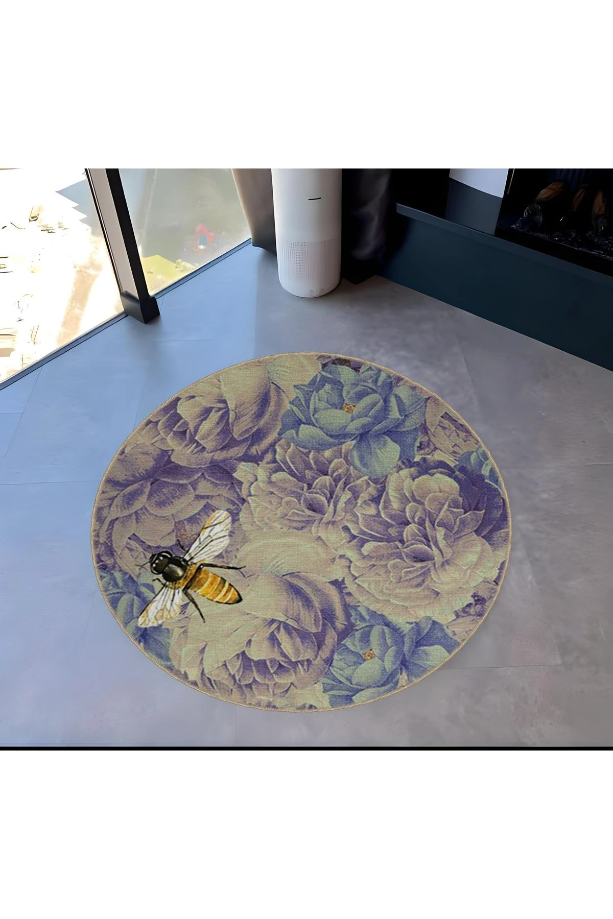 Mira Yuvarlak Mavi Mor Tonlarda Çiçekler ve  Arı Detaylı Modern Dekoratif Halı 5526