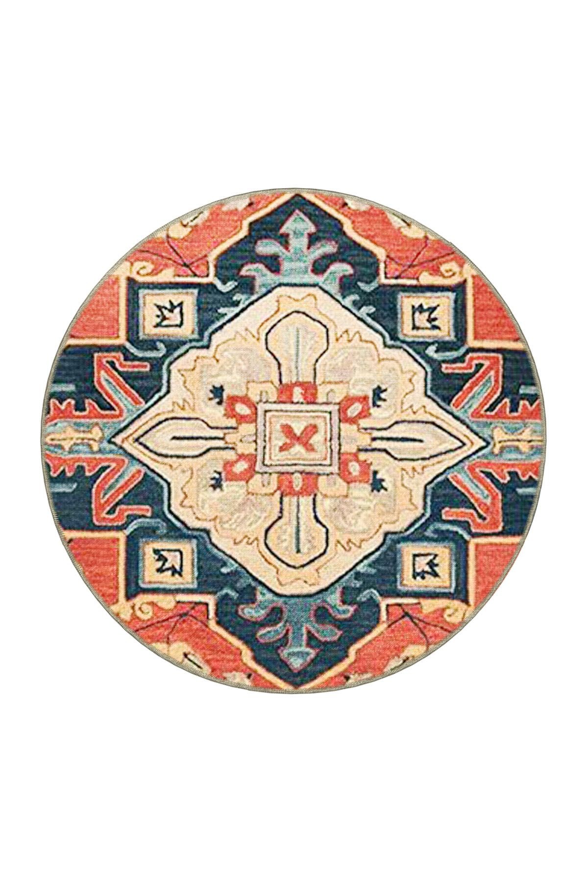 Turuncu Mavi Temalı Geleneksel Motif Etnik Desenli Vintage Dekoratif Halı 3809
