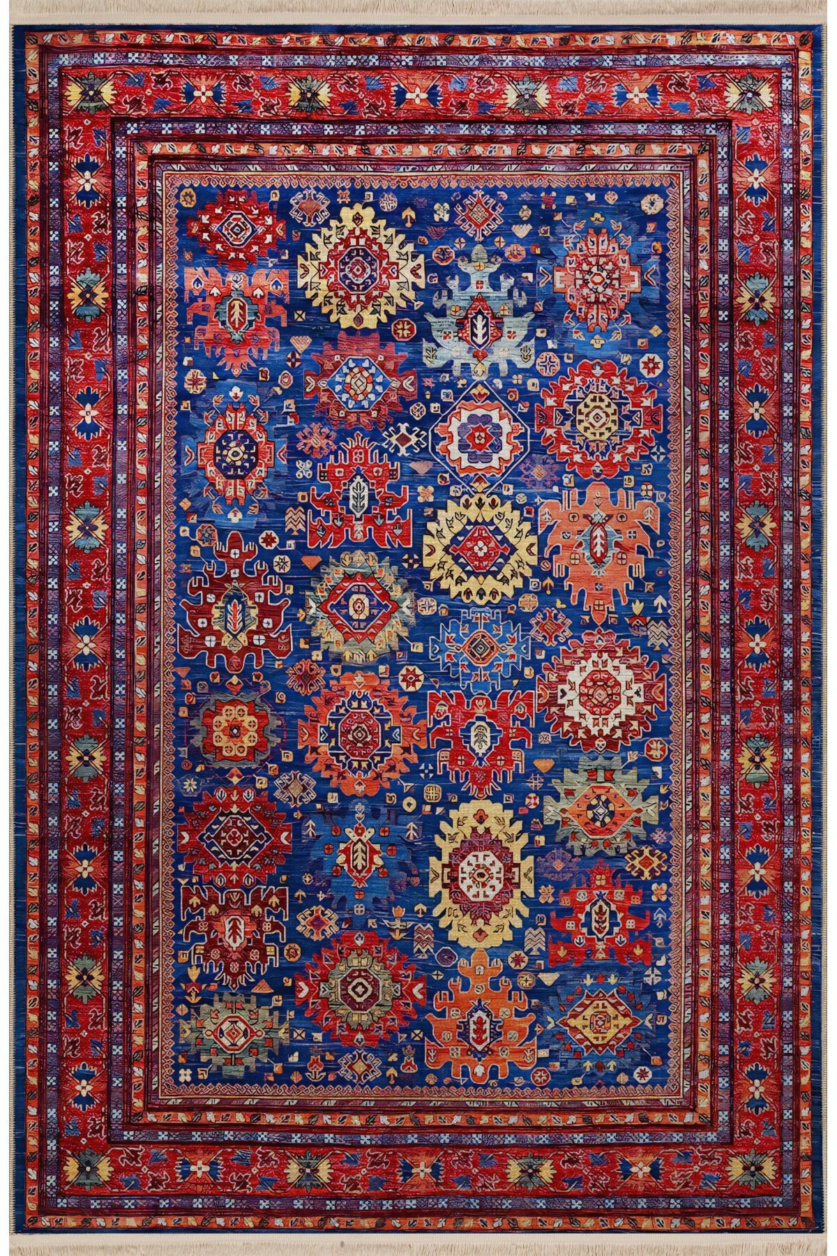 Mavi Bordo Temalı Geleneksel Motif Etnik Desenli Kreatif Vintage Dekoratif Halı 2583