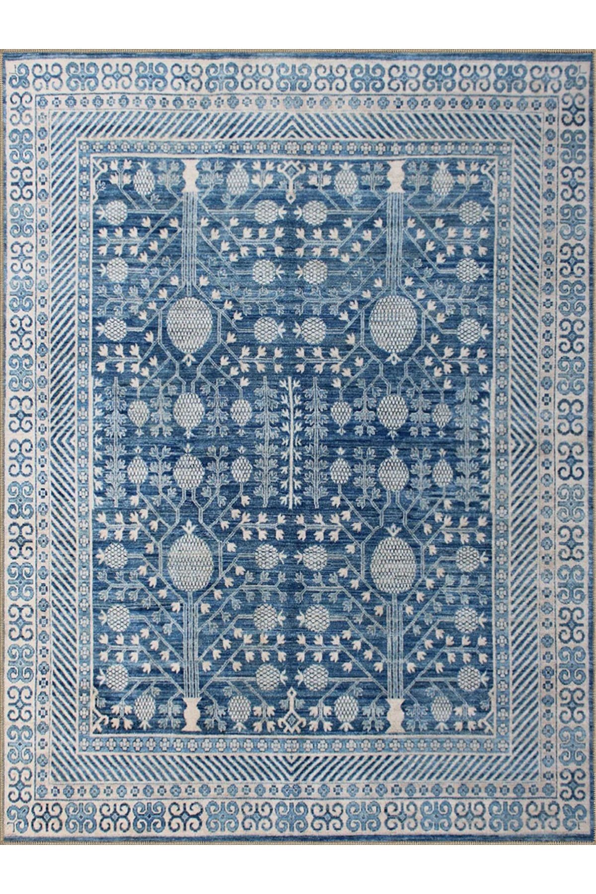 Emre Koleksiyonu Mavi Temalı Geleneksel Motifli Etnik Desenli Dokuma Taban Vintage Dekoratif Halı 26
