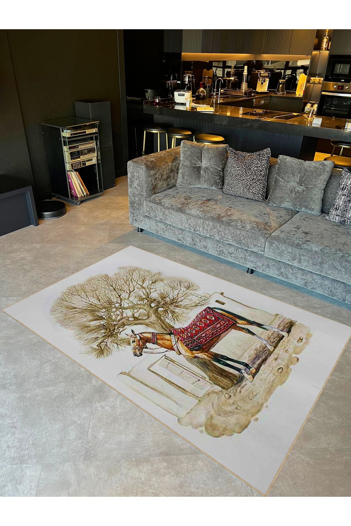 Seda Koleksiyonu Ağaç ve At Desenli Dokuma Taban Modern Dekoratif Halı seda33