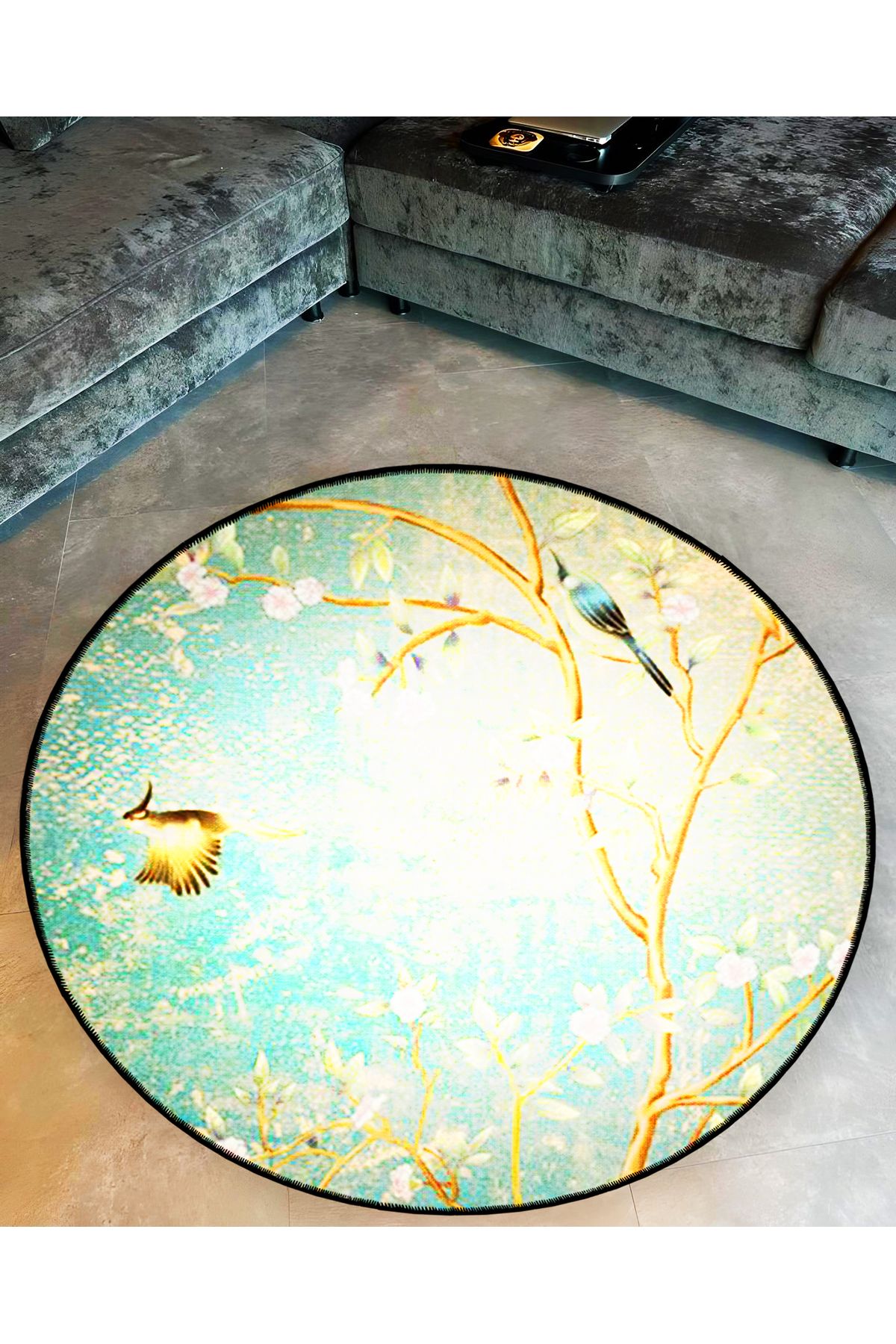 Mira Yuvarlak Mavi Tonlarda Dal ve Kuş Detaylı Dokuma Taban Modern Dekoratif Halı 5718
