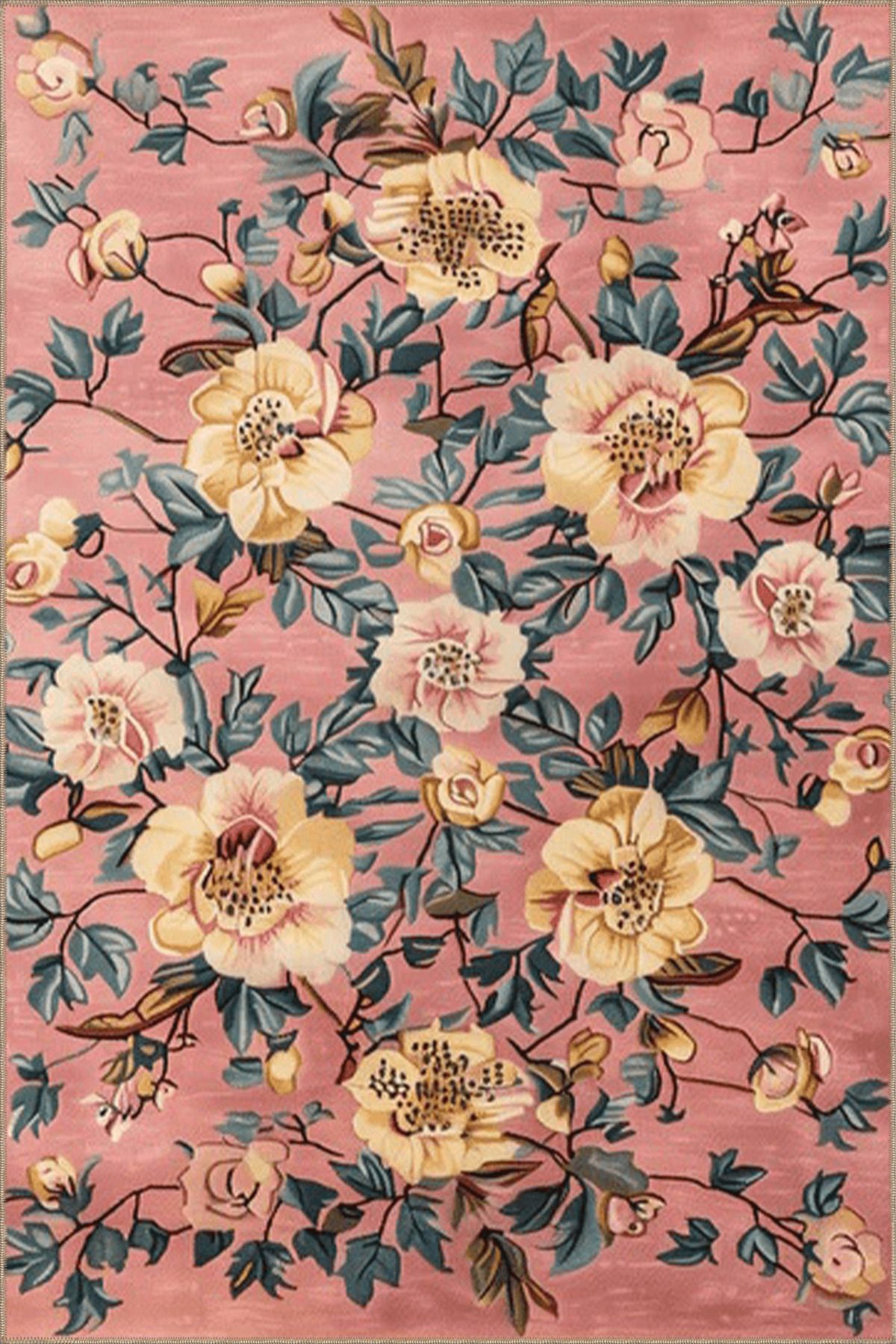 Paris Koleksiyonu Pembe Tema Karma Çiçek ve Gül Desenli Kreatif Modern Dekoratif Halı 111