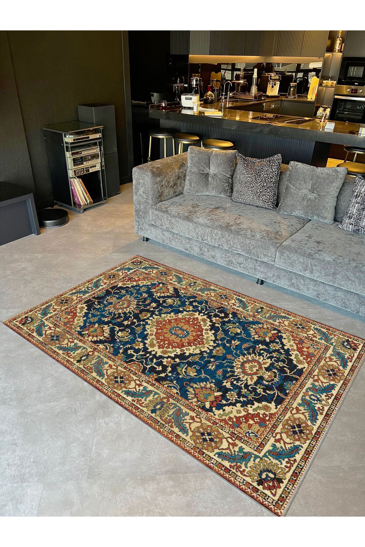 İnci Koleksiyonu Lacivert Tema Geleneksel Motif Desenli Dokuma Taban Vintage Dekoratif Halı inci26