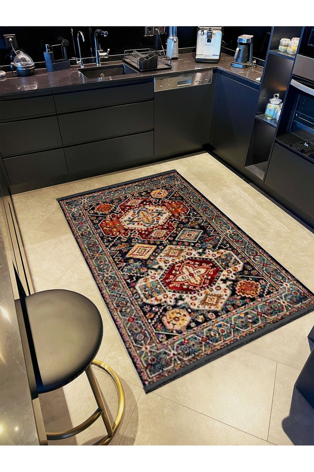 İnci Koleksiyonu Koyu Ton Etnik Geleneksel Desenli Dokuma Taban Vintage Dekoratif Halı inci15