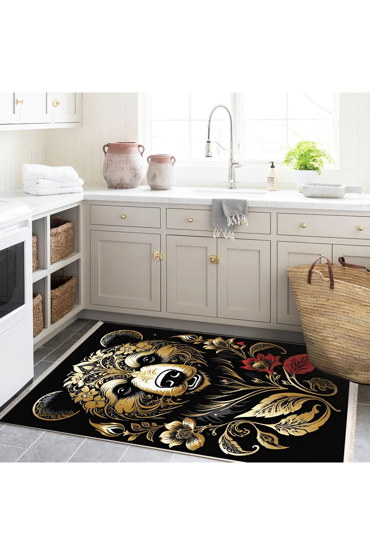 Yılmaz Koleksiyonu Siyah Sarı Kreatif  Ayı Desenli Dokuma Taban Modern Dekoratif Halı yılmaz28