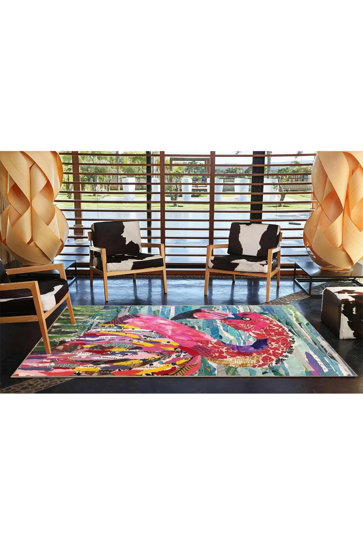 Pembe Mavi Temalı Deniz ve Flamingo Desenli Kreatif Modern Dekoratif Halı 3581