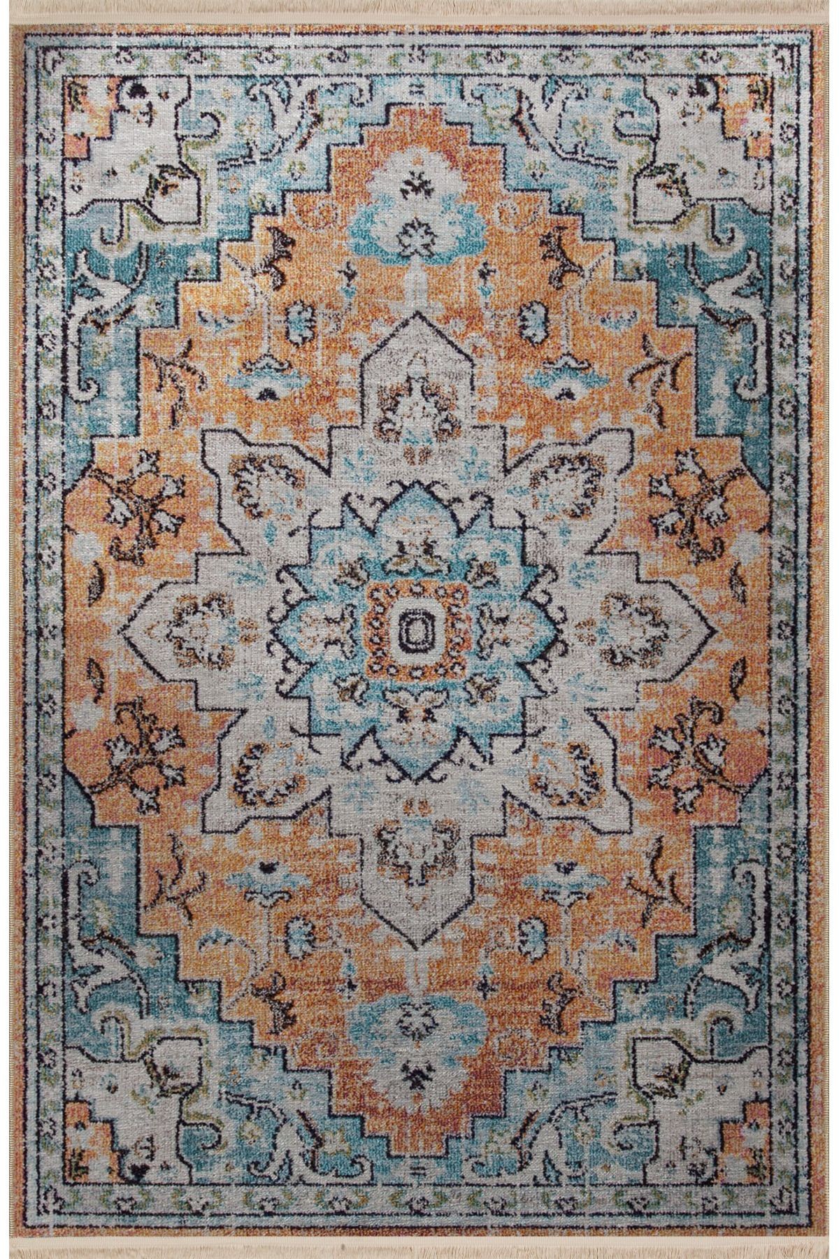 Mavi Turuncu Temalı Geleneksel Motif Desenli Kreatif Vintage Dekoratif Halı 2953