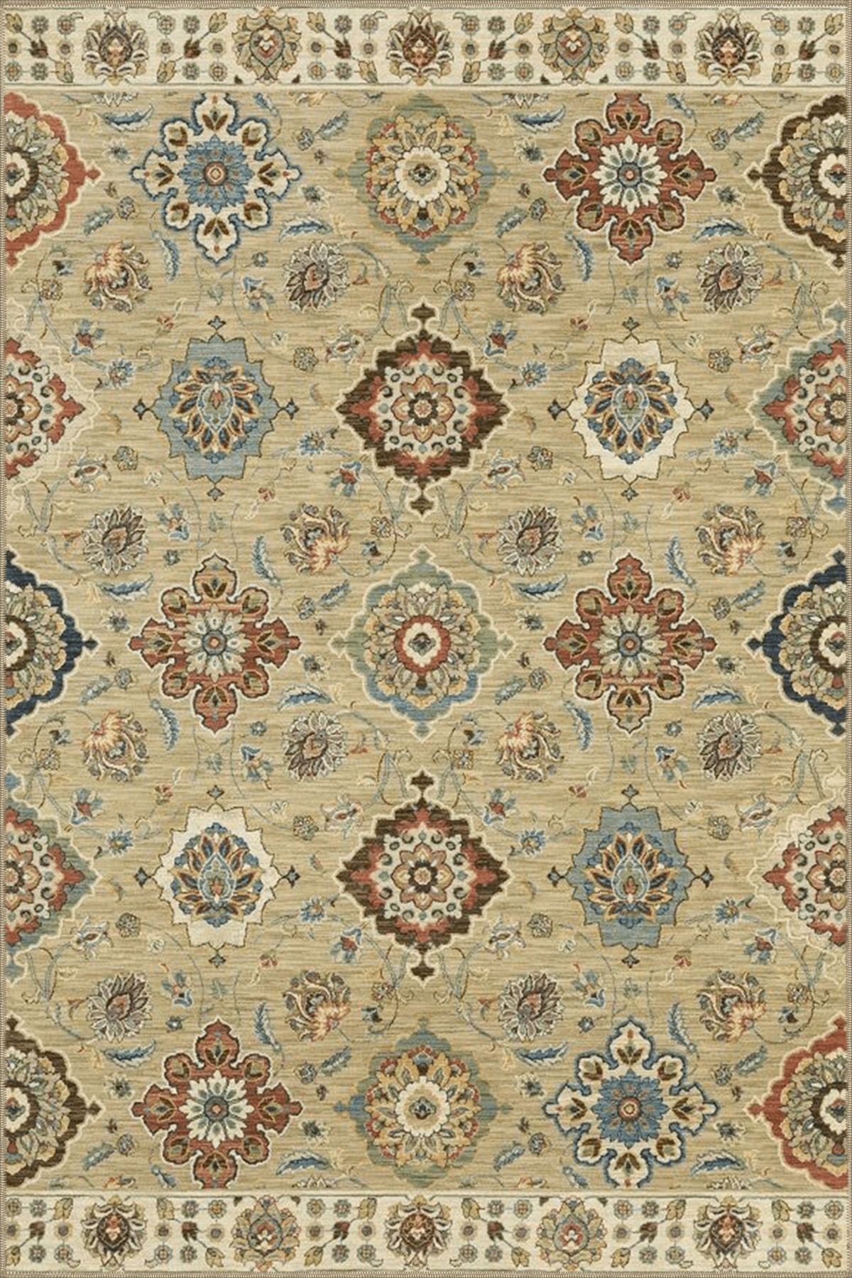 Bej Temalı Geleneksel Motif Desenli Vintage Dekoratif Halı 3907