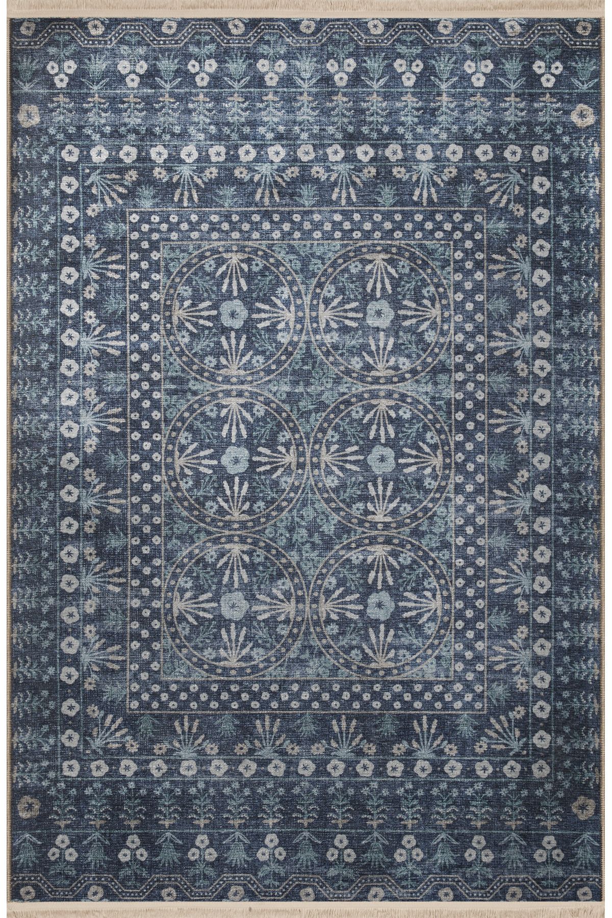 Lacivert Temalı Motifli Çiçek Desenli Vintage Dekoratif Halı 2869